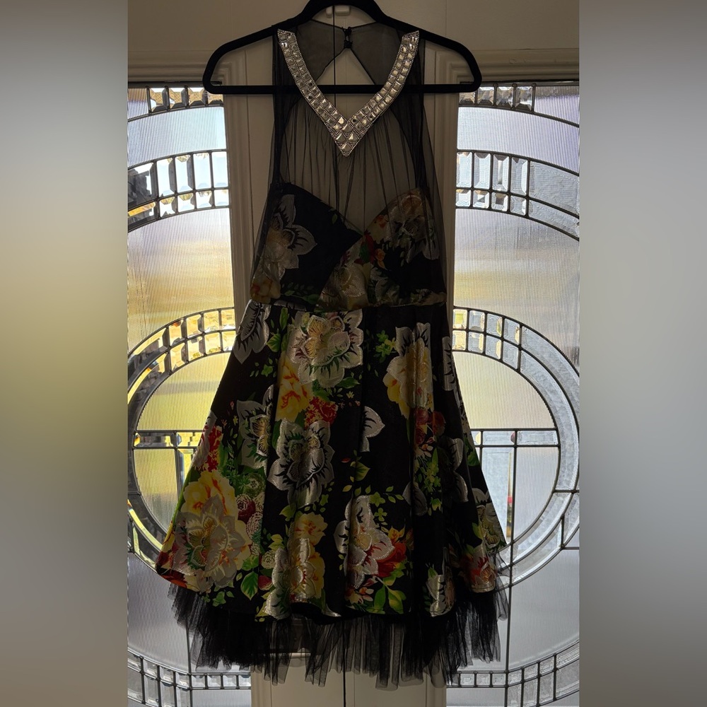 Floral Black Dress with Jewel Neckline
